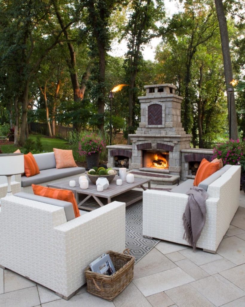 White rattan garden with fireplace White rattan garden with fireplace