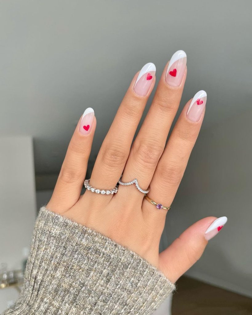 Diagonal French Tip with Hearts Nails
