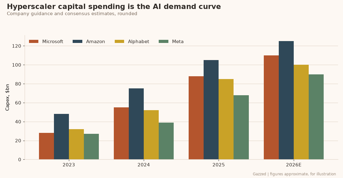 Bar chart of hyperscaler AI capital expenditure from 2023 to 2026 estimates Bar chart of hyperscaler AI capital expenditure from 2023 to 2026 estimates