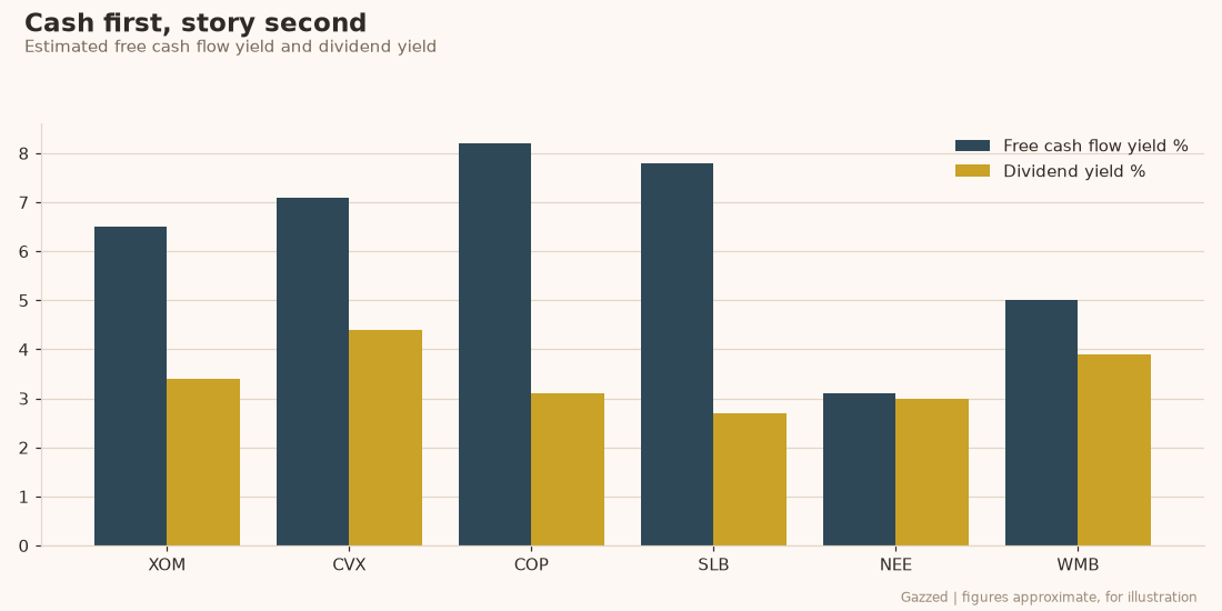 Chart of free cash flow yield and dividend yield for energy stocks Chart of free cash flow yield and dividend yield for energy stocks