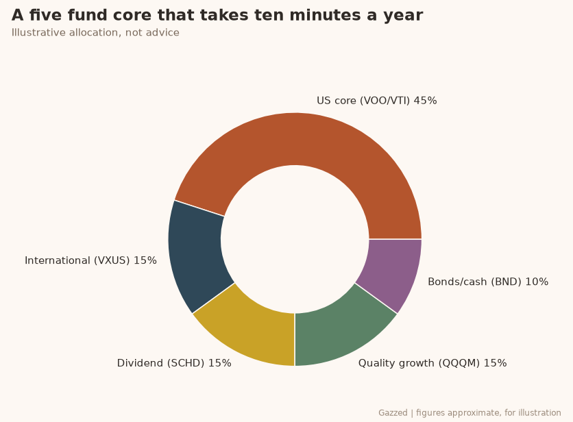 Pie chart of a five ETF portfolio allocation for 2026 Pie chart of a five ETF portfolio allocation for 2026