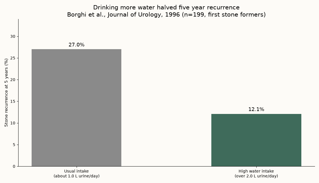 Water intake and kidney stone recurrence Chart comparing kidney stone recurrence at five years with high and usual water intake