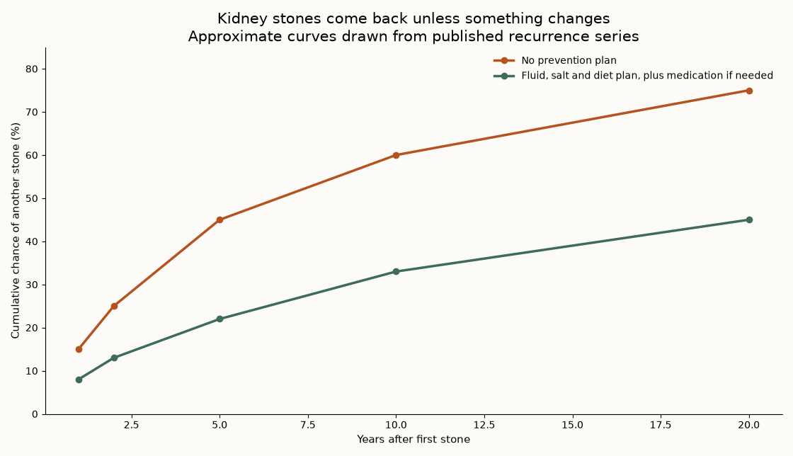 Kidney stone recurrence over twenty years Chart showing cumulative kidney stone recurrence with and without a prevention plan