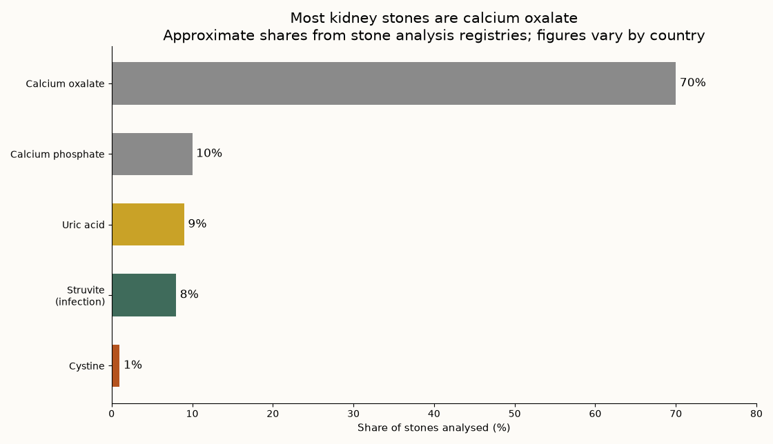 Kidney stone types by share Bar chart of kidney stone composition showing calcium oxalate as the most common type