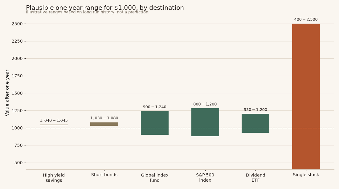 Plausible one year outcomes for 1000 dollars Chart showing the plausible one year range for 1000 dollars invested in savings, bonds, index funds and single stocks