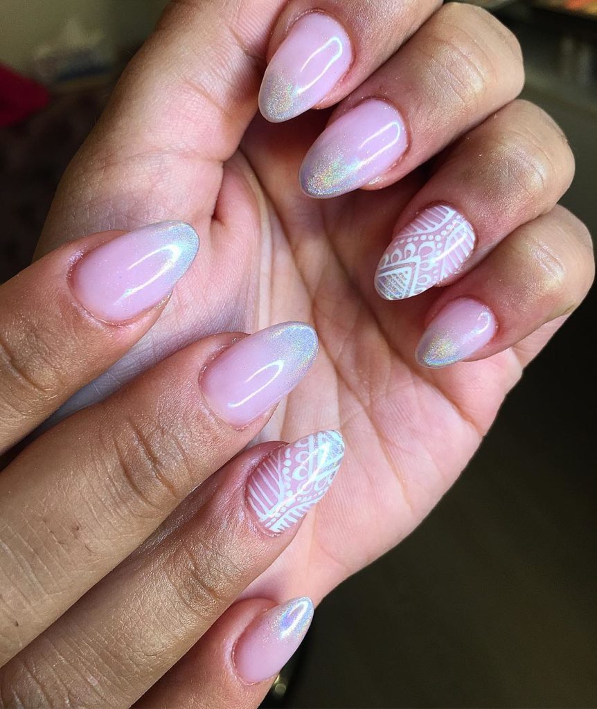Pastel Blue tip ombre nail art on pink nails with glitters