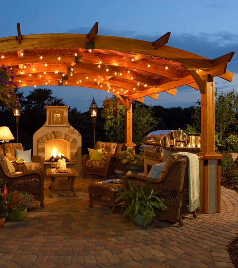 Fire place under Pergola lights