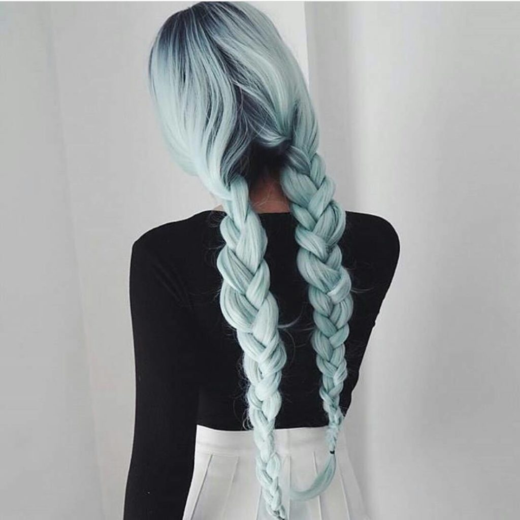 Long braided pigtail blue hair color