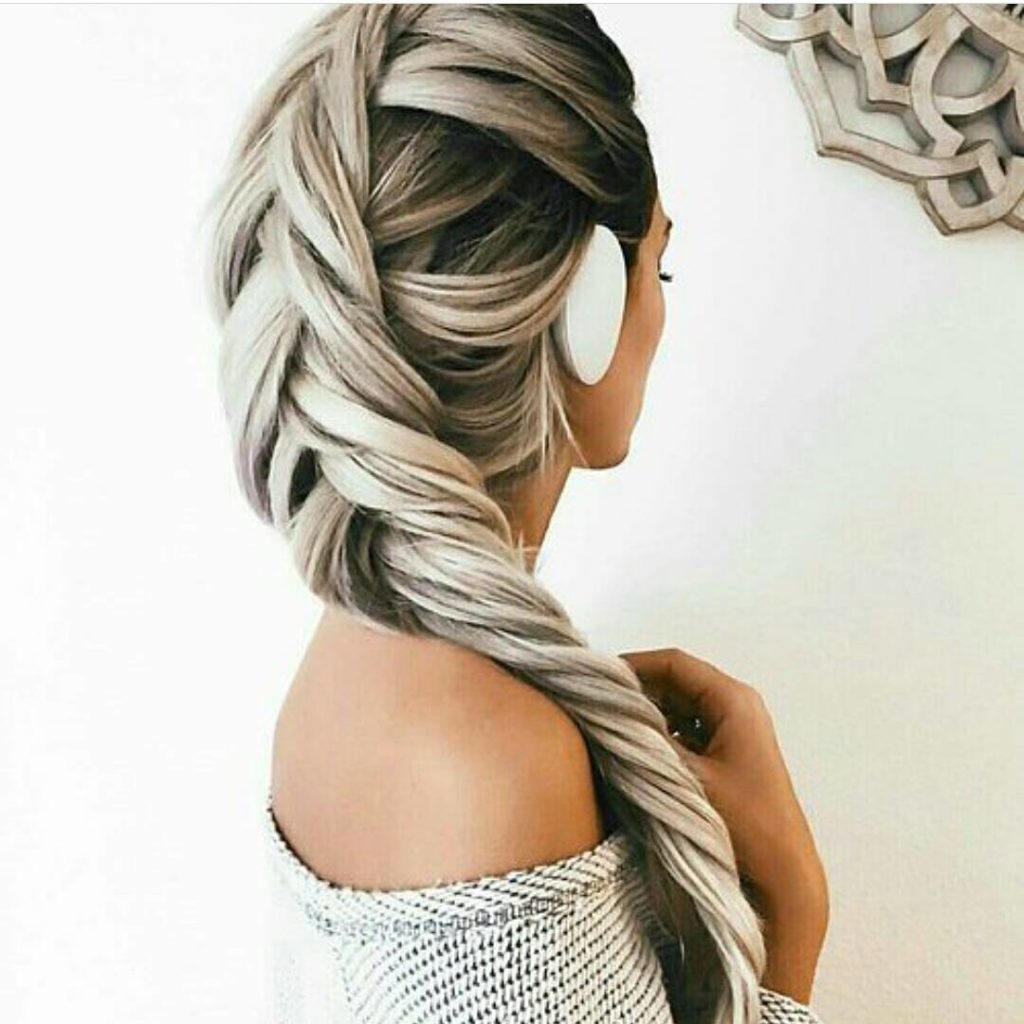 Long silver ponytail grey mermaid hairstyle