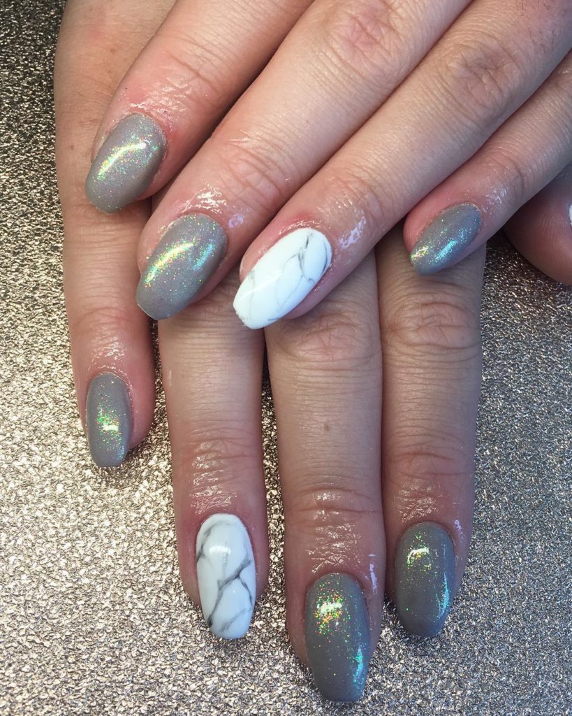 Marble nail art with grey with glittery nails
