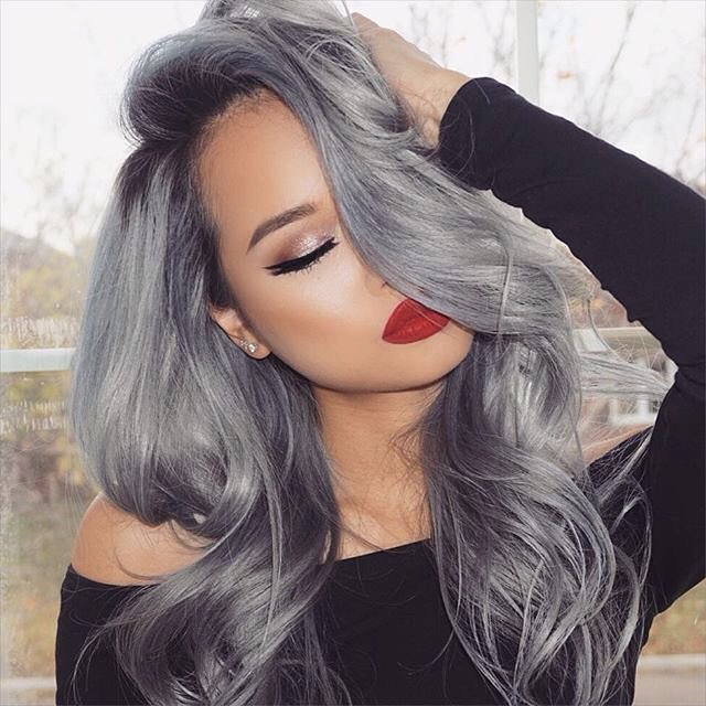 Silver hair with red lipstick